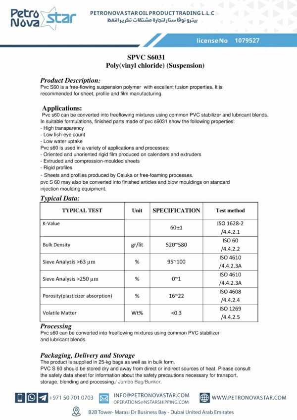 SPVC S6031 Poly(vinyl chloride) (Suspension)