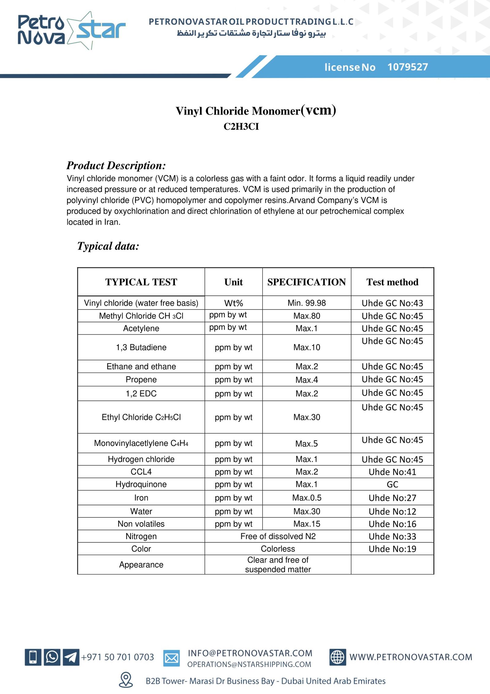 Vinyl Chloride Monomer(vcm) C2H3CI